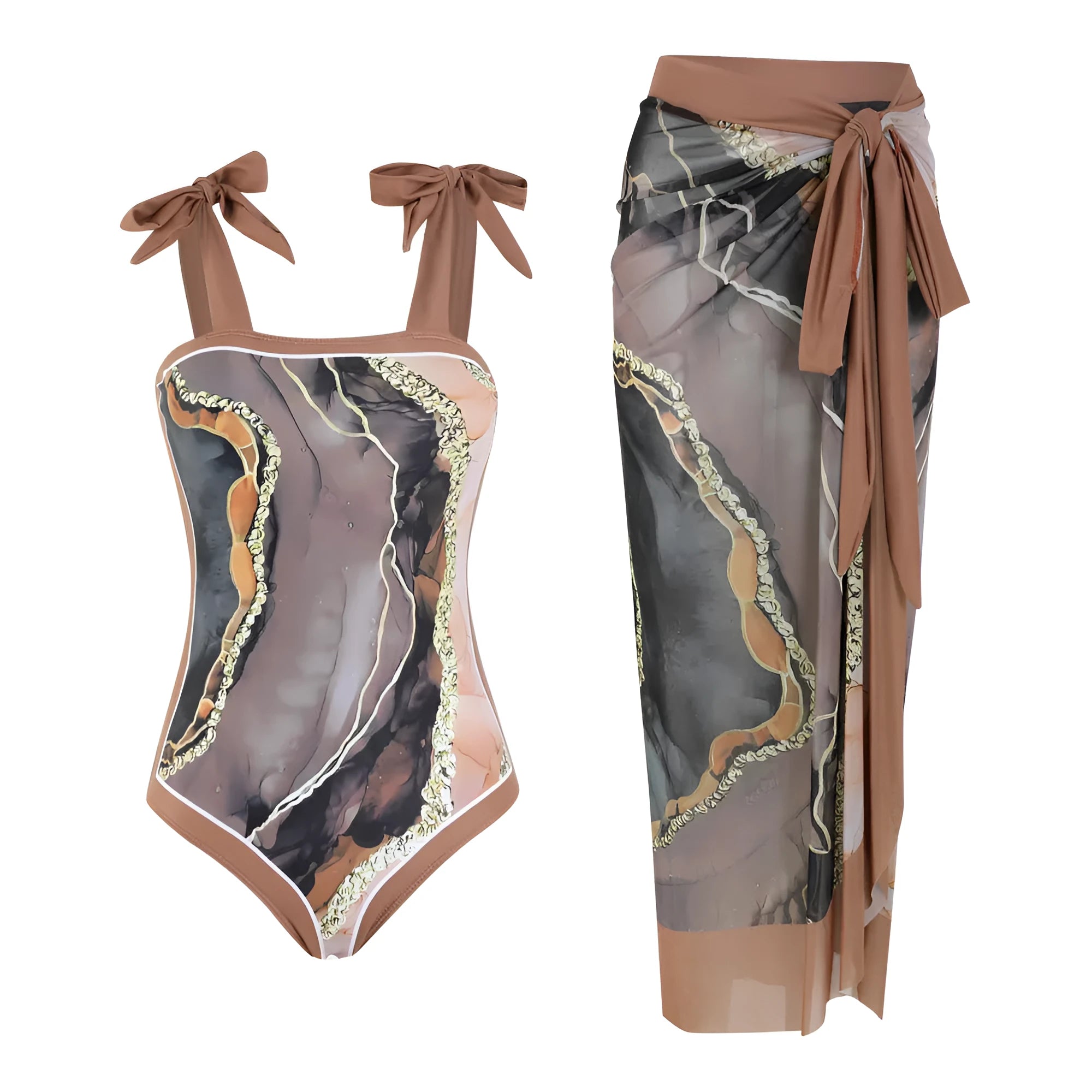 Floral print one-piece polyester swimsuit with matching skirt, sleeveless, available in brown printing