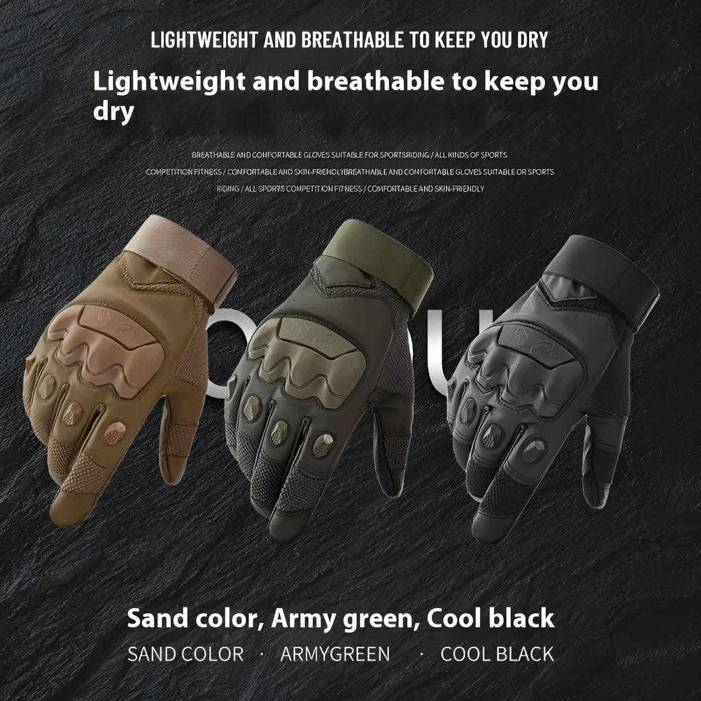 Men's black tactical full finger gloves with touch screen fingertips on a hand.