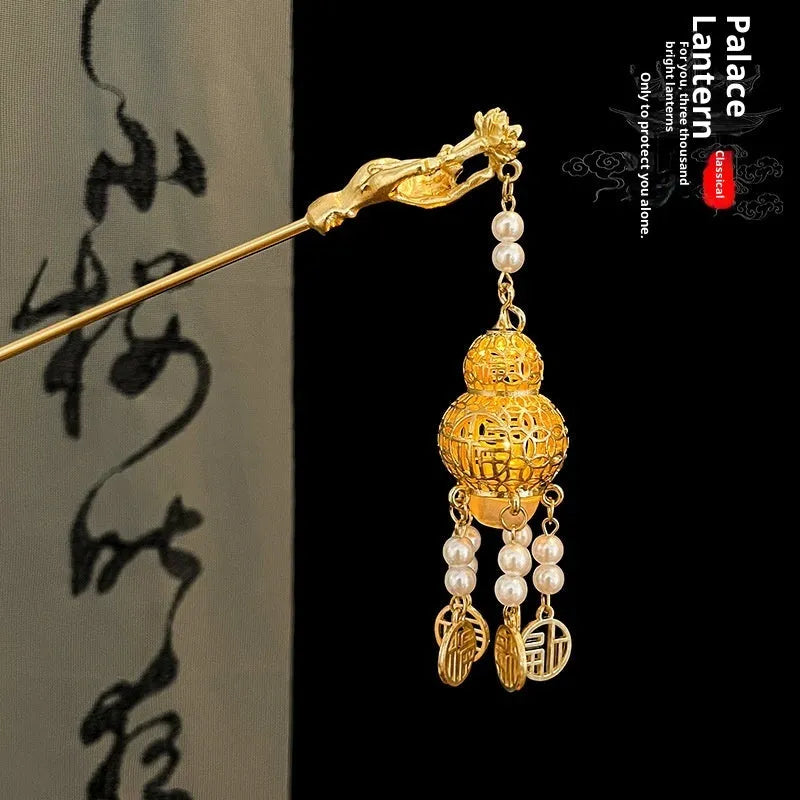 Ancient style light-emitting hairpin with dangling ornament in retro crown shape, electroplated alloy