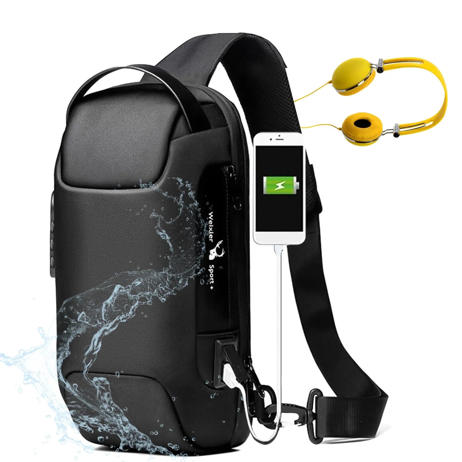 Men's waterproof Oxford crossbody shoulder bag with USB port showing internal compartments and anti-theft features