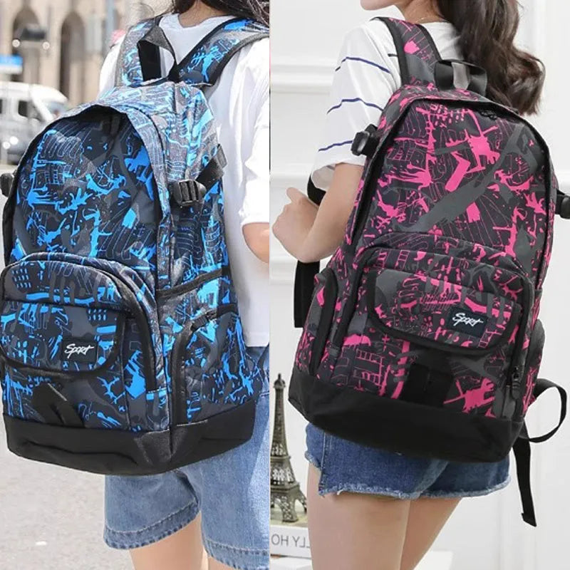Classic blue and red nylon backpacks showing large capacity design for school and travel.