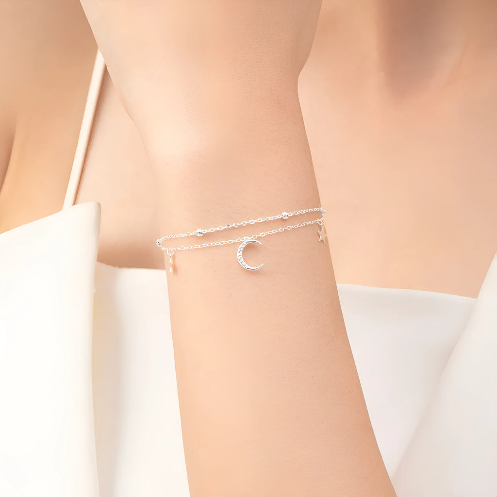 S925 sterling silver star moon double layer twin bracelet on white background