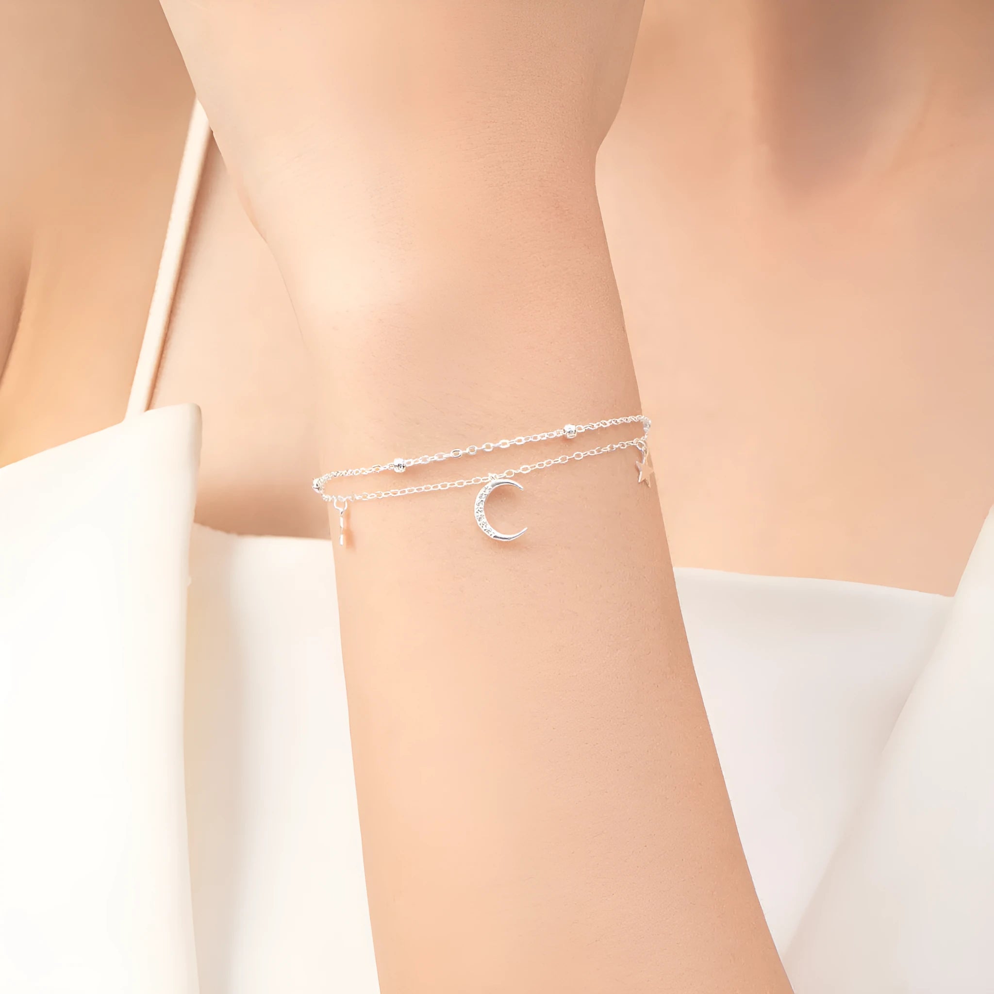 S925 sterling silver star moon double layer twin bracelet on white background