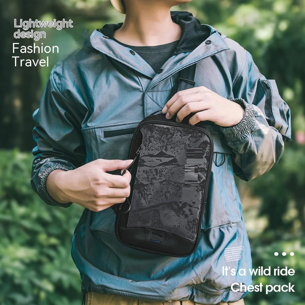 Casual black TPU waterproof chest bag with landscape camouflage pattern and single shoulder strap