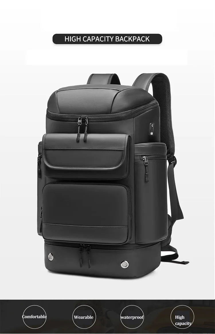 Men's large capacity black waterproof shoulder backpack 21 inch for travel and business
