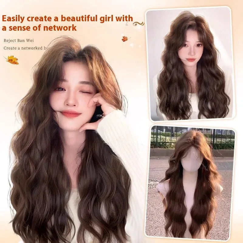 Female full-head wig with natural long curly hair and side bangs in high temperature fibre, Brown Black colour
