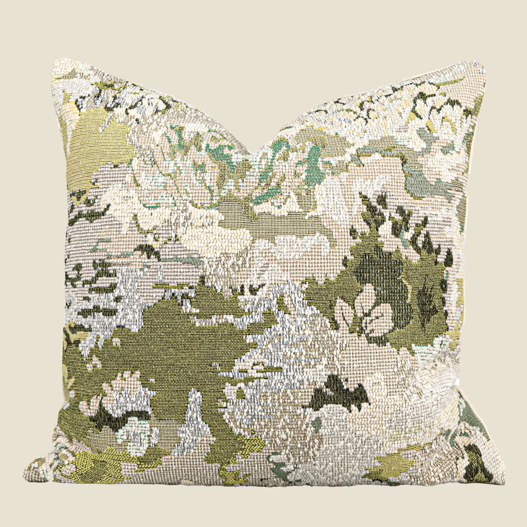 Antique green abstract decorative pillow with French style spring flowers pattern, shown in square and waist pillow sizes.