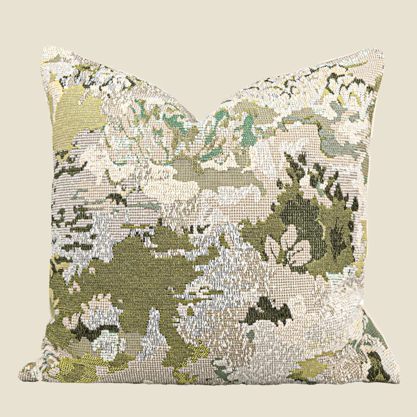 Antique green abstract decorative pillow with French style spring flowers pattern, shown in square and waist pillow sizes.