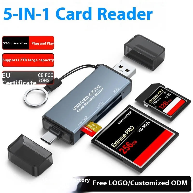 CF SD TF three-in-one USB card reader with aluminium casing showing memory card slots