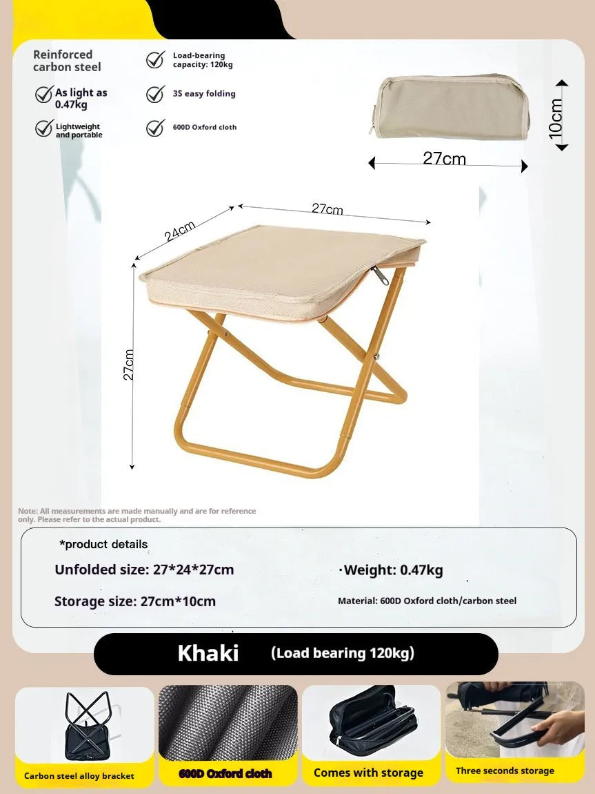 Oxford cloth foldable camp chair stool in khaki colour showing pencil box stool design