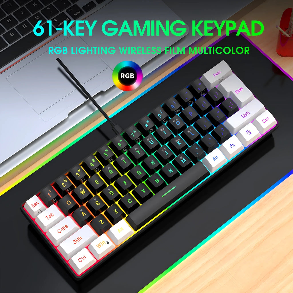 61-key wired membrane keyboard in white and black, ABS plastic, 28.7cm width