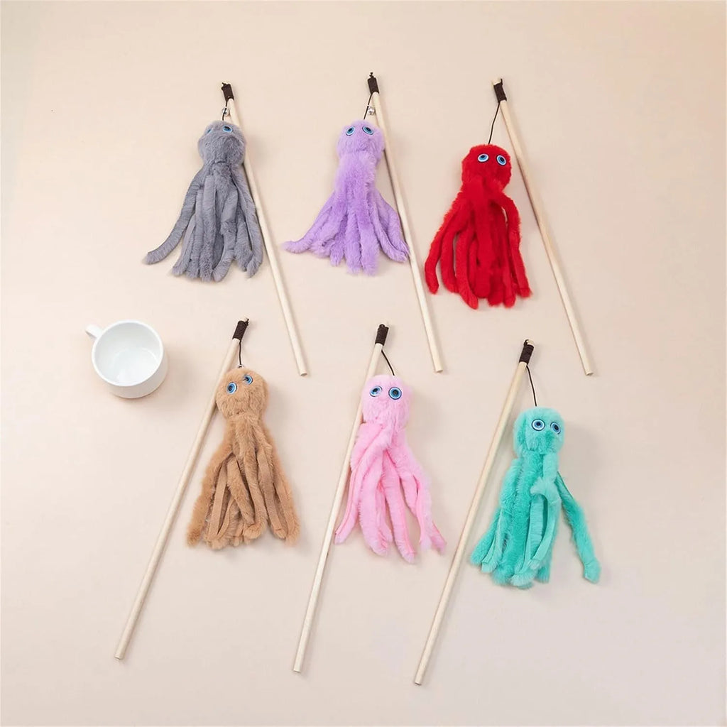 Octopus-themed cat toy with long stick attachment in bright colours for indoor feline play