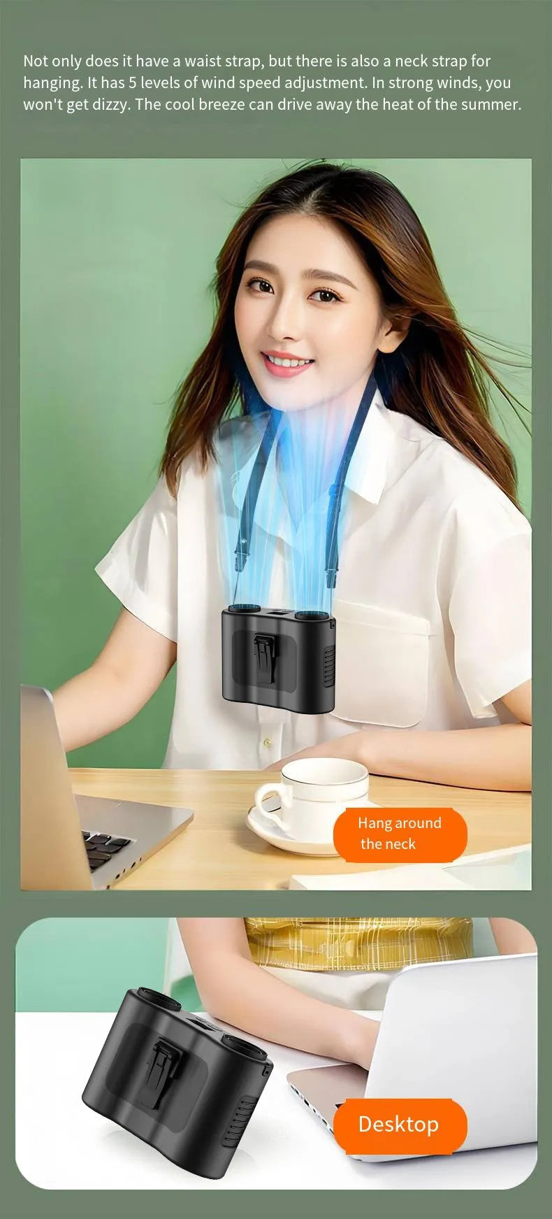 Black waist-hung portable personal fan with neck lanyard and waist clip.