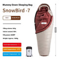 Goose down mummy sleeping bag in snowbird colour with storage bag.