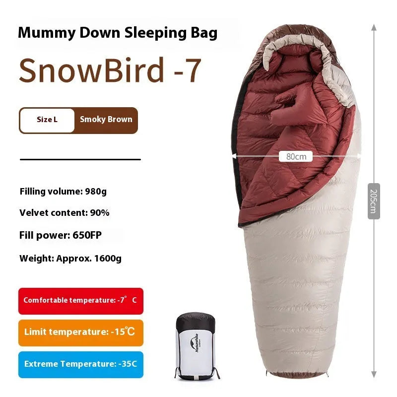 Goose down mummy sleeping bag in snowbird colour with storage bag.