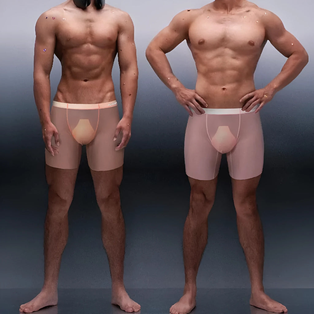 Men's seamless low-waist boxer shorts in orange nylon with a hip-lift contour.