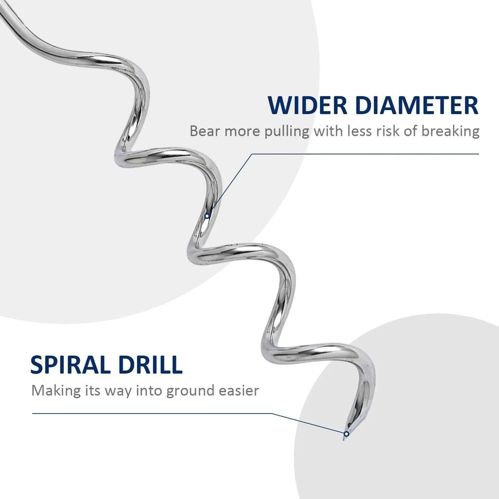 Silver spiral dog tie out stake made of solid steel for outdoor tethering in sandy soil