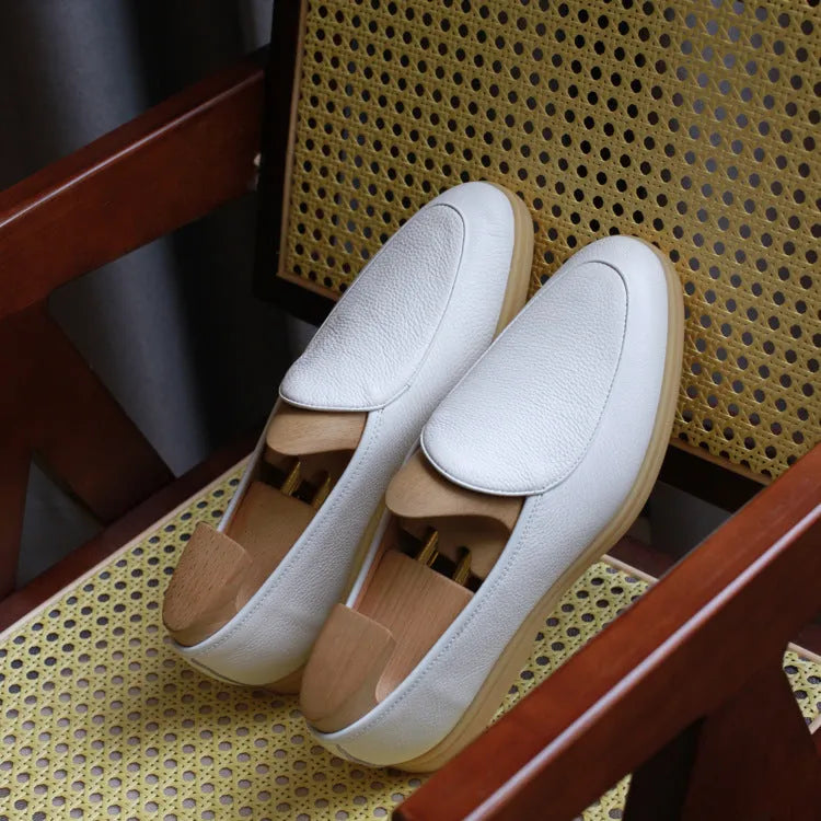 British handmade men's leather loafers in beige, black, brown, dark brown and white colours