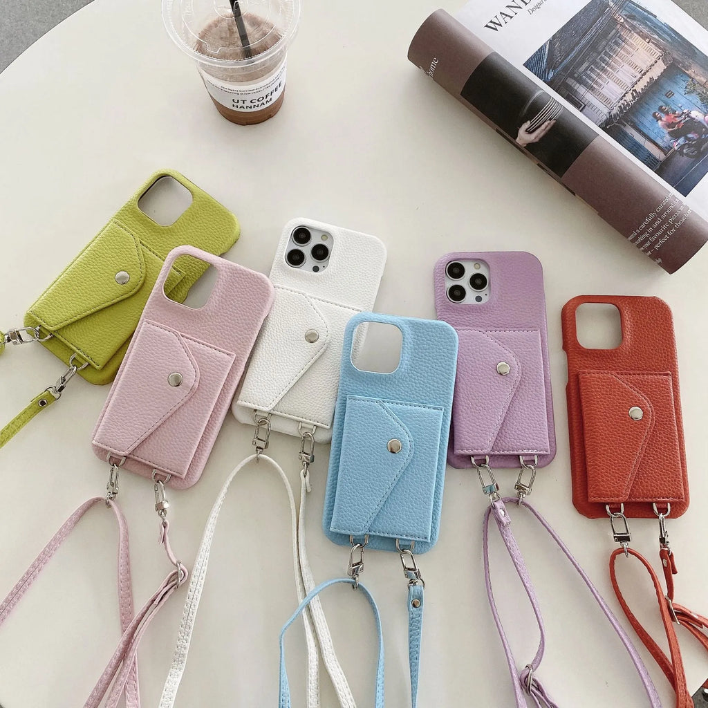 PC leather phone case with card holder and crossbody lanyard for iPhone, lychee pattern texture, black colour