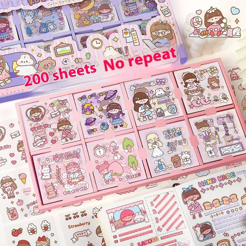Children's themed reusable sticker set showing five colour designs in goo card notebook post format