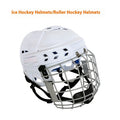 Ice hockey helmet with a carbon steel face cage, shown in sizes S, M, L, XL for head protection.