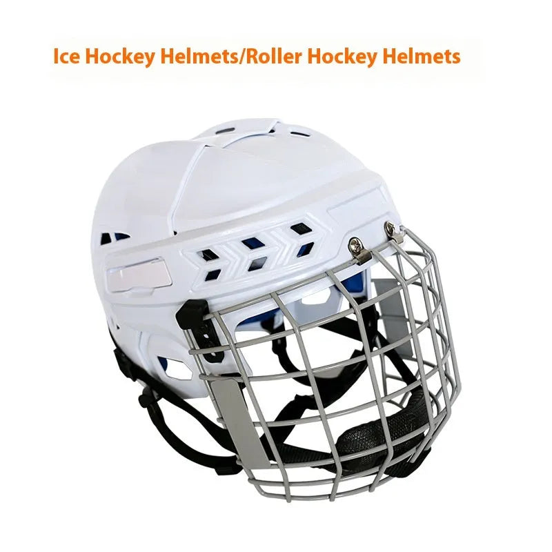 Ice hockey helmet with a carbon steel face cage, shown in sizes S, M, L, XL for head protection.