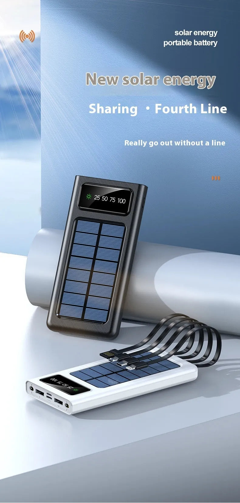 Black solar power bank 20000 MA with cable for mobile phones, plastic shell creative design