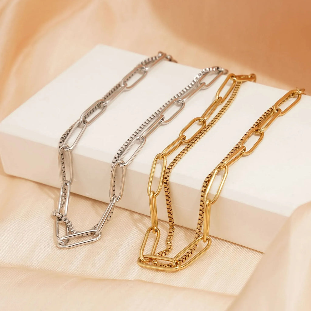 Women's titanium steel bracelet with double layer twin link design in gold or silver electroplated finish