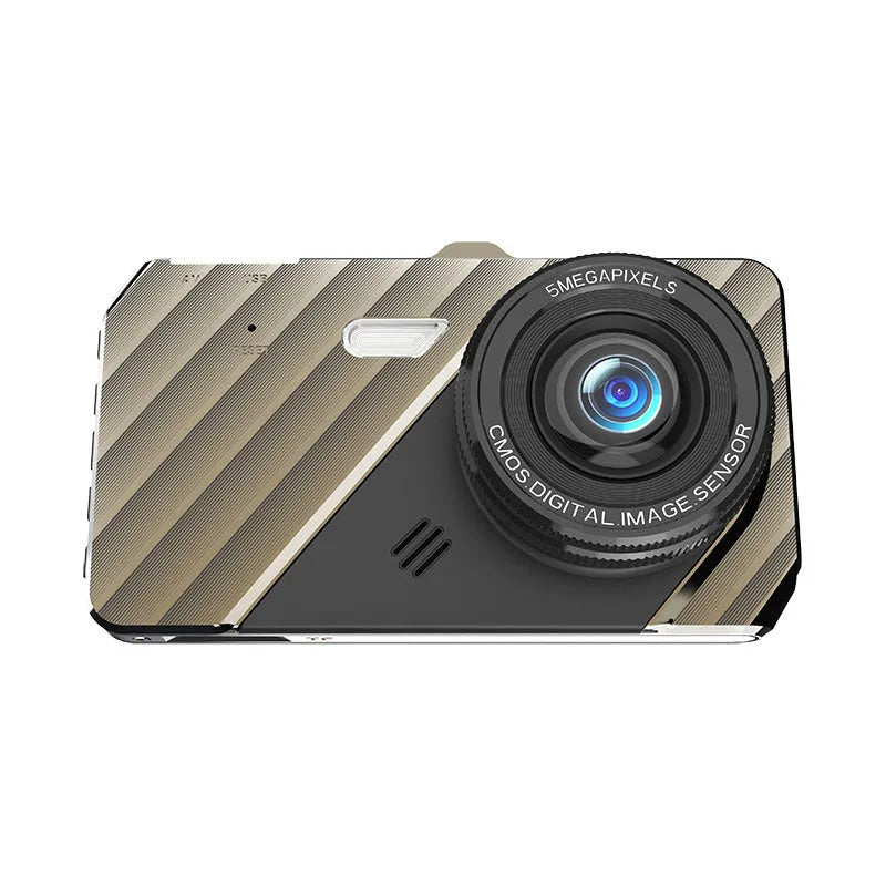 4 inch front and rear dual lens dashcam with touch screen, 170° angle, and night vision