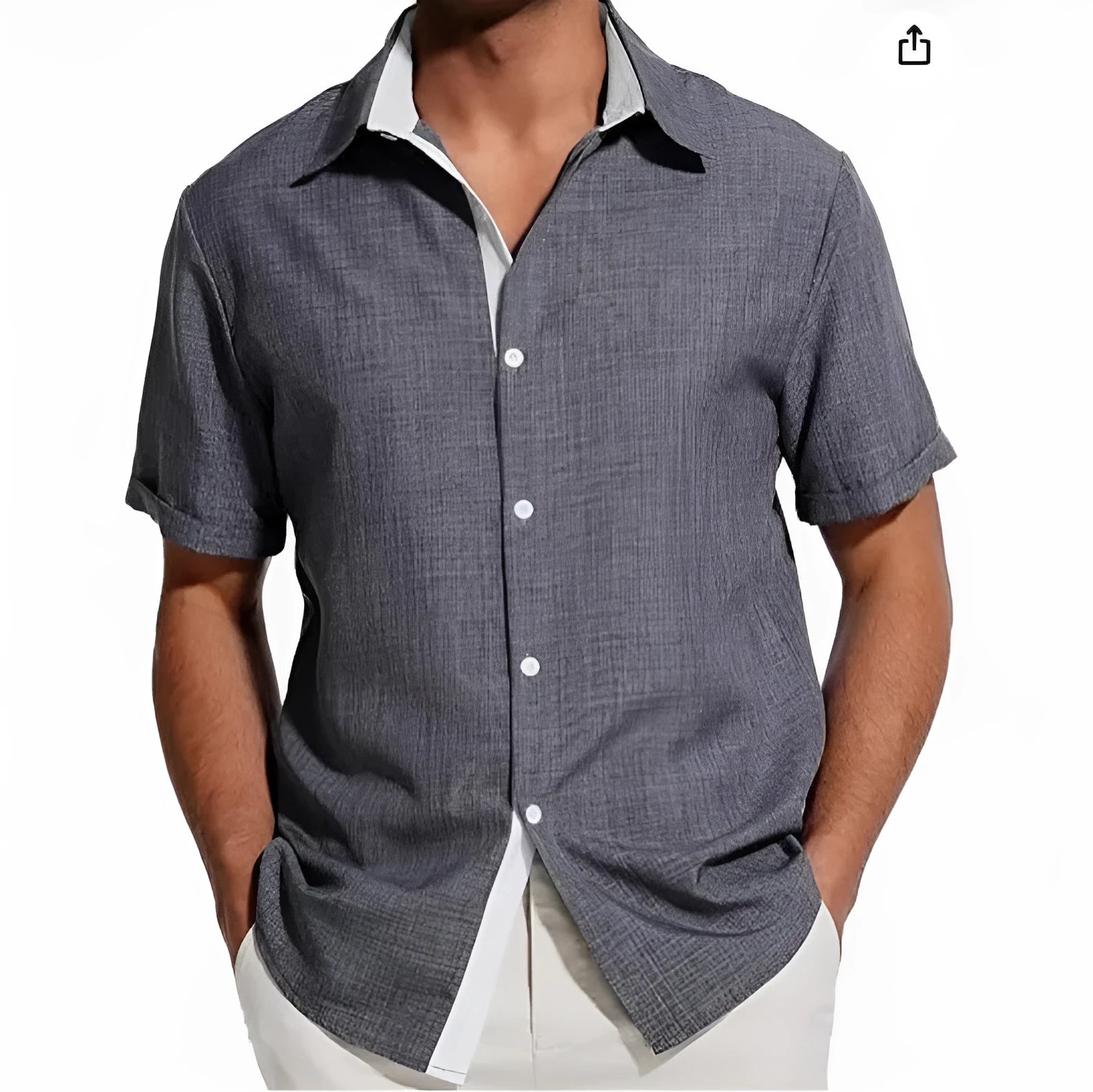 Men's short-sleeved floral print polyester shirt in gray, front view, casual summer style