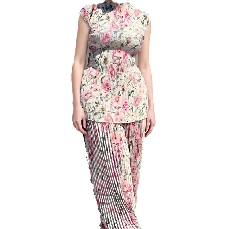 Women's long sleeve printed chiffon dress set with high waist skirt and matching top.