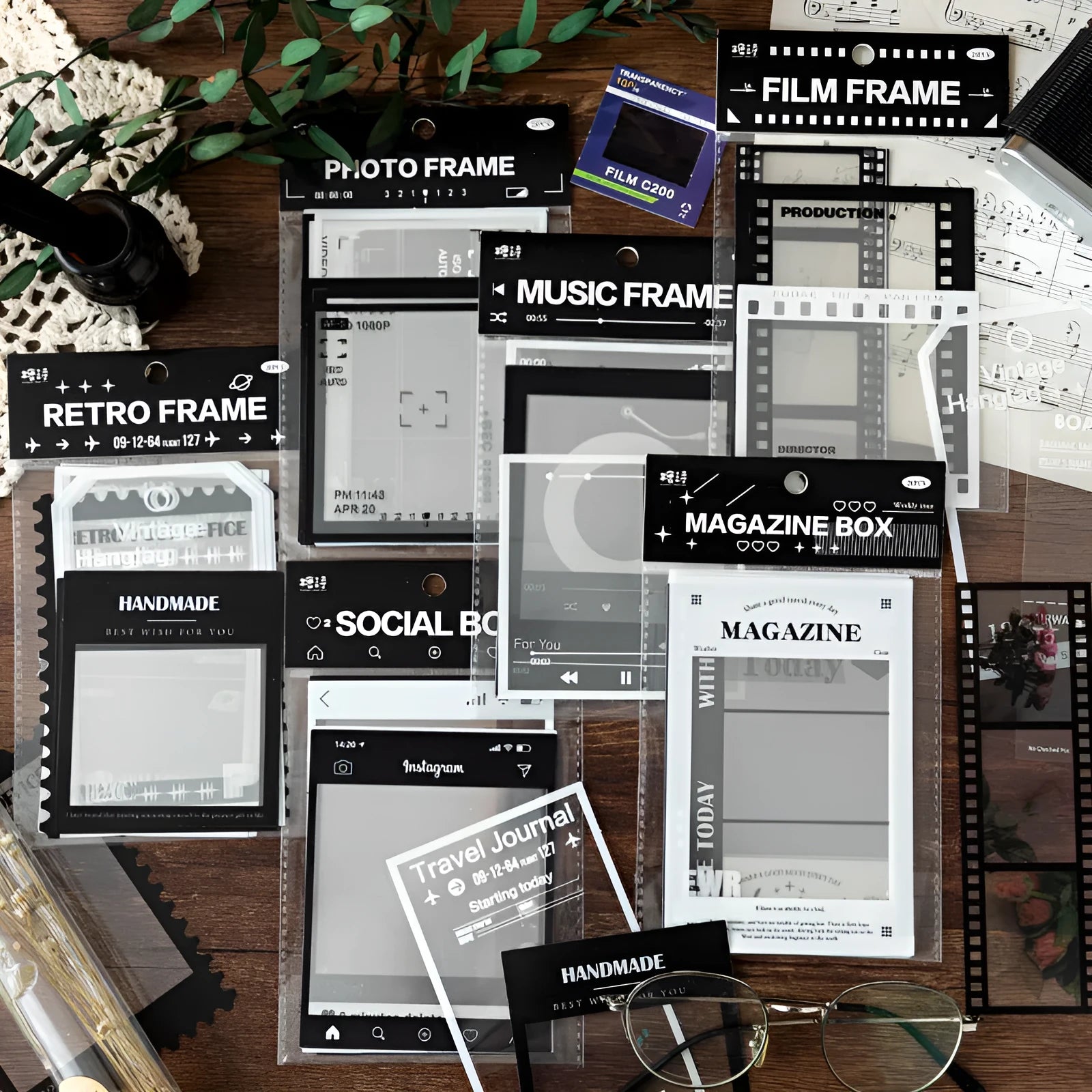 Pack of 15 transparent retro frame decorative sticker sheets for journals and scrapbooks.