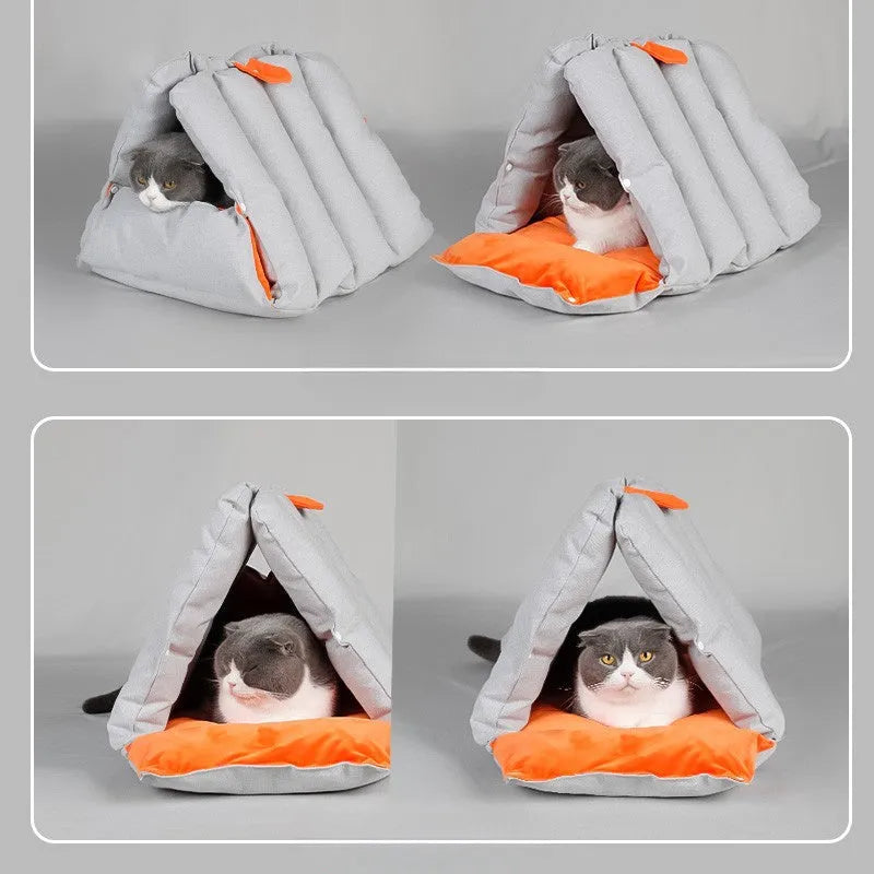 Triangular blue cotton cat nest with drilled holes for deforming, 45x38x38cm, on a wooden floor