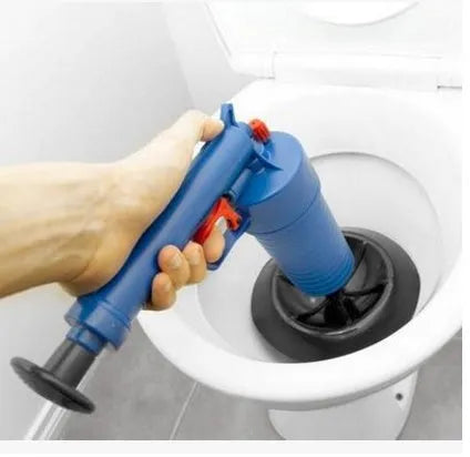 Plastic air power drain blaster unblocking gun with four different sized rubber adaptors for sinks and toilets.