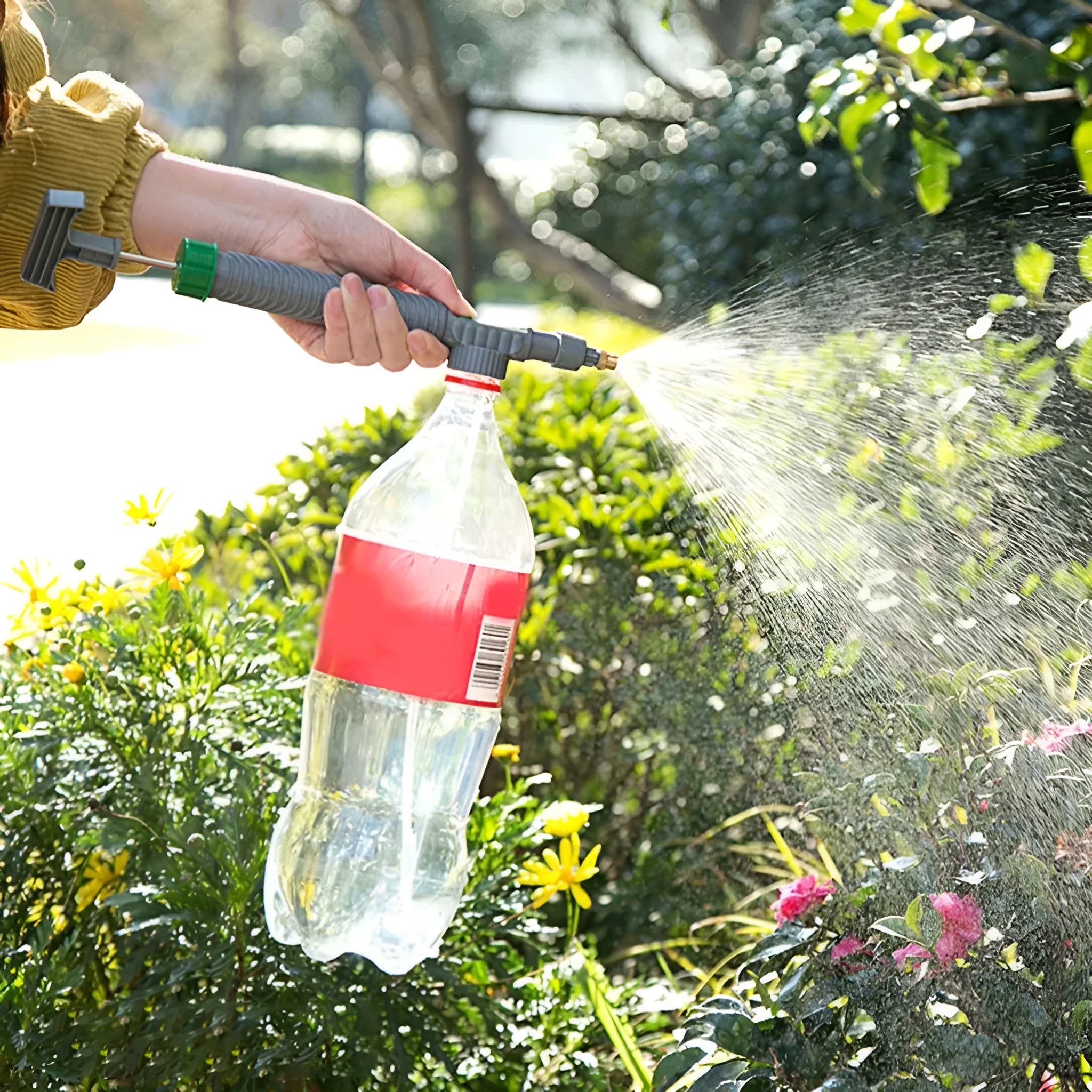 Grey universal beverage bottle watering sprayer nozzle with 30cm tube on plant pot