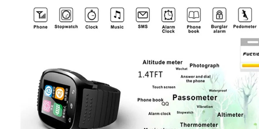 Black Bluetooth sports watch compatible with iPhone and Android phones on wrist