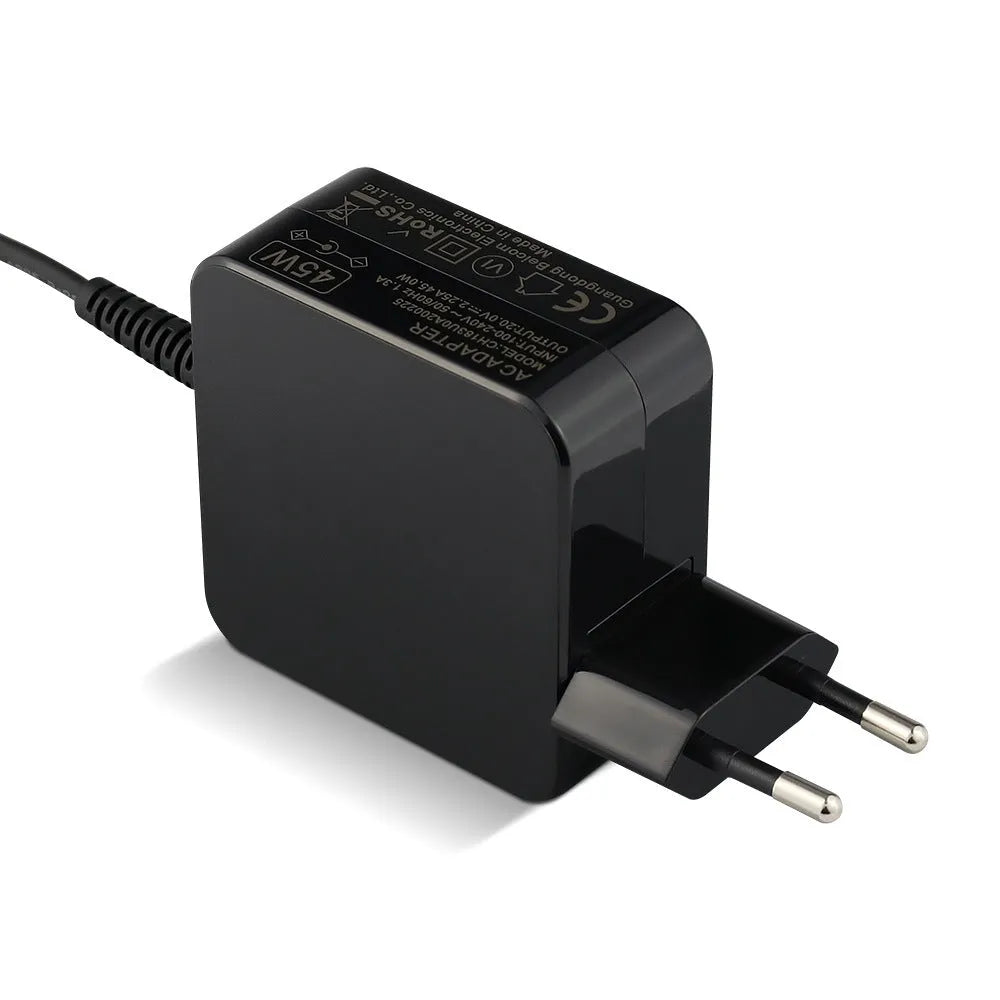 Black Hua 45W laptop adapter with DC power connector showing compact dimensions