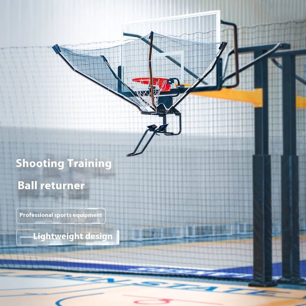 Automatic basketball return training system showing cowhide leather and iron construction for solo shooting practice