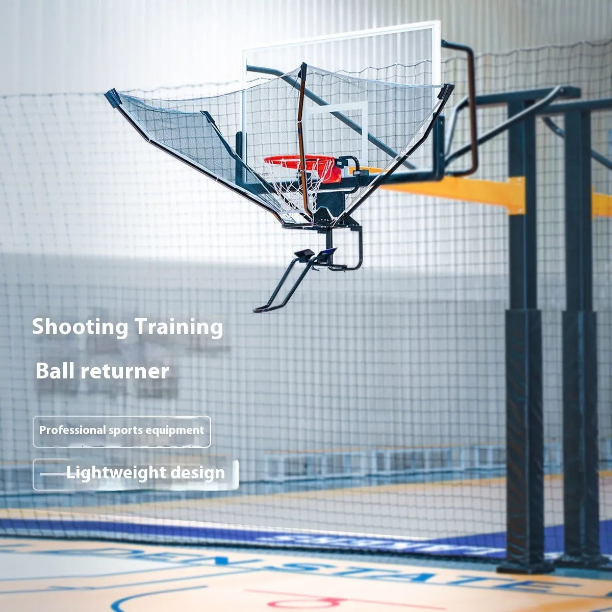 Automatic basketball return training system showing cowhide leather and iron construction for solo shooting practice