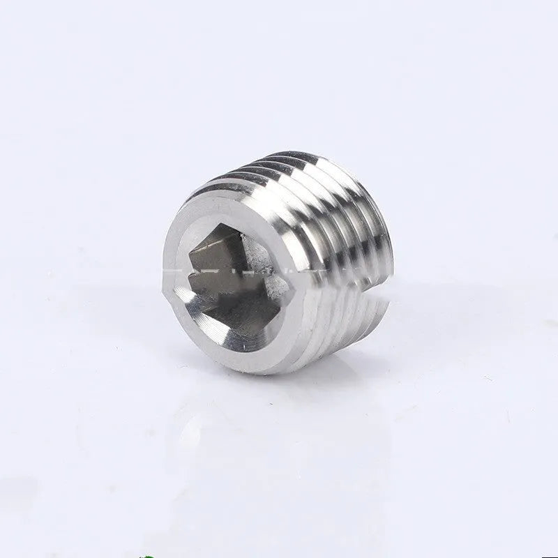 A single stainless steel hexagon pipe plug with a 3/8 series thread for bulkhead fittings.