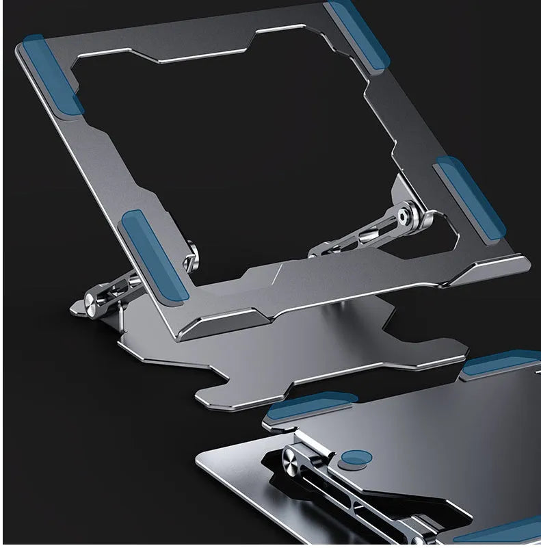 Grey aluminum laptop stand showing adjustable angle mechanism and folding design