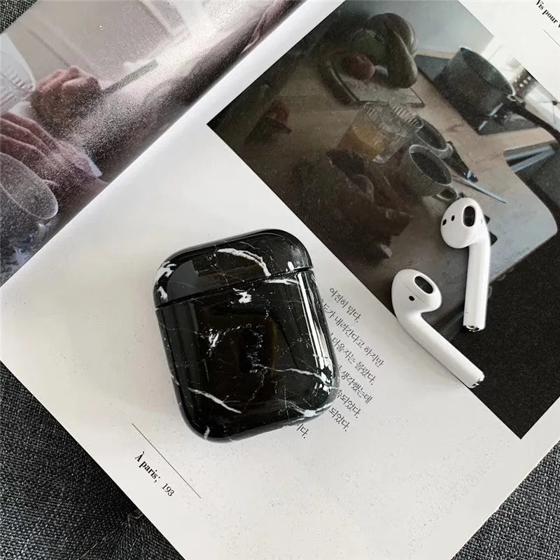 White Marble hard plastic protective case for Apple AirPods 1 and AirPods 2 wireless headset.