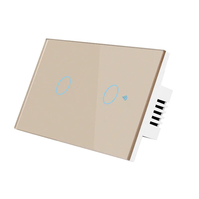 Two-gang tempered glass touch light switch with RF remote control in white, black or gold finish