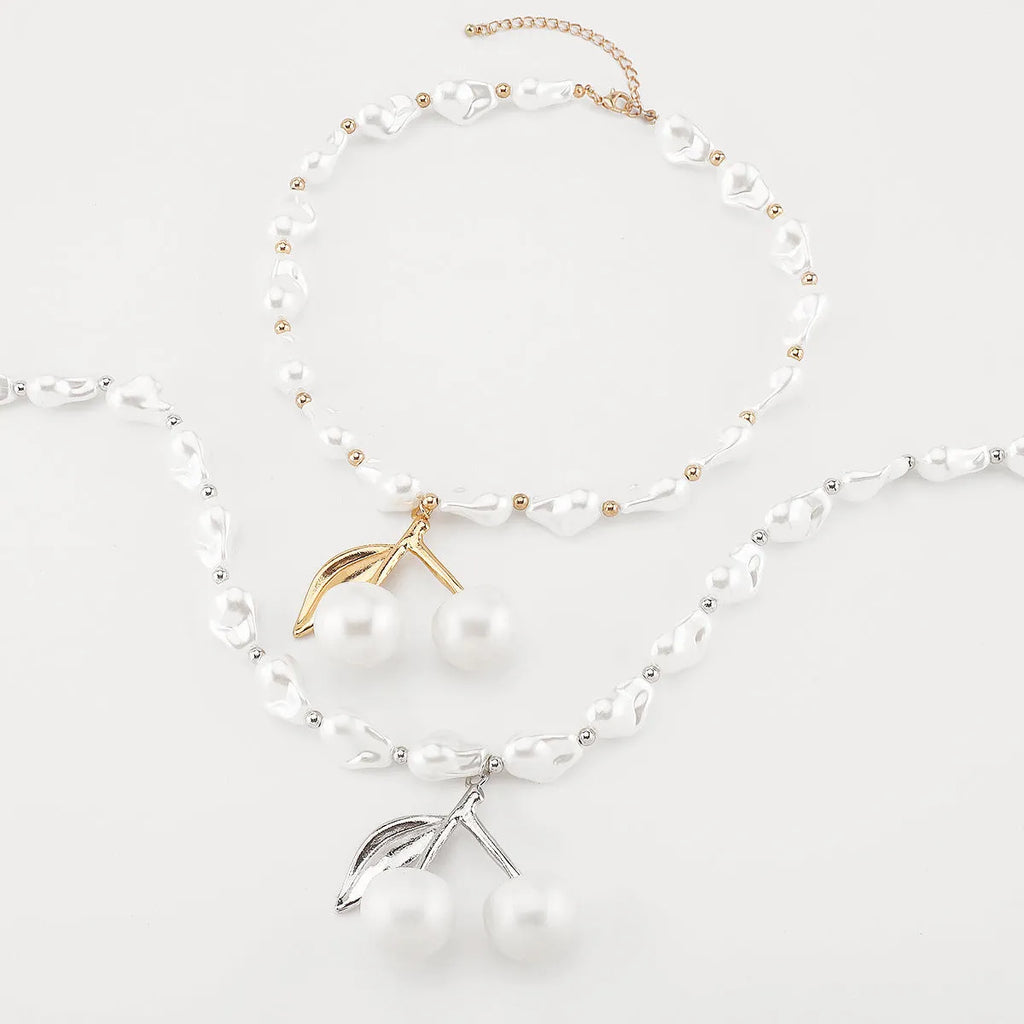 Women's creative necklace with irregular cherry pendant and imitation pearls on adjustable alloy chain