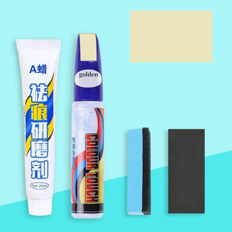 Automotive paint repair pen kit with touch-up paint, wax, sandpaper, and sponge for car scratches