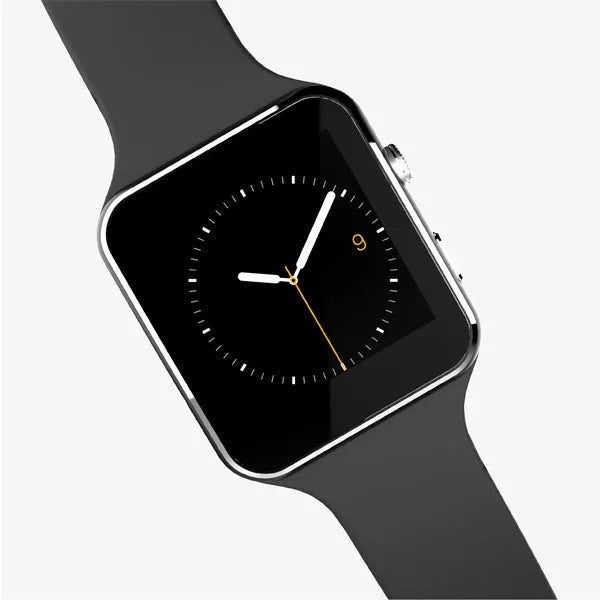 Black smart watch with 1.54-inch touchscreen on a silicone strap showing a customisable watch face.