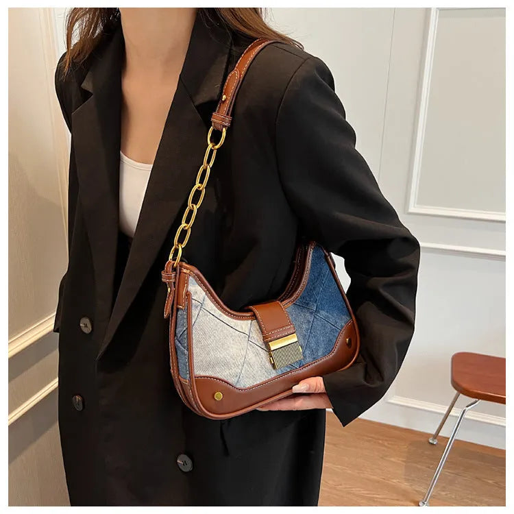Brown denim women's shoulder bag with diamond mesh detail and chain strap
