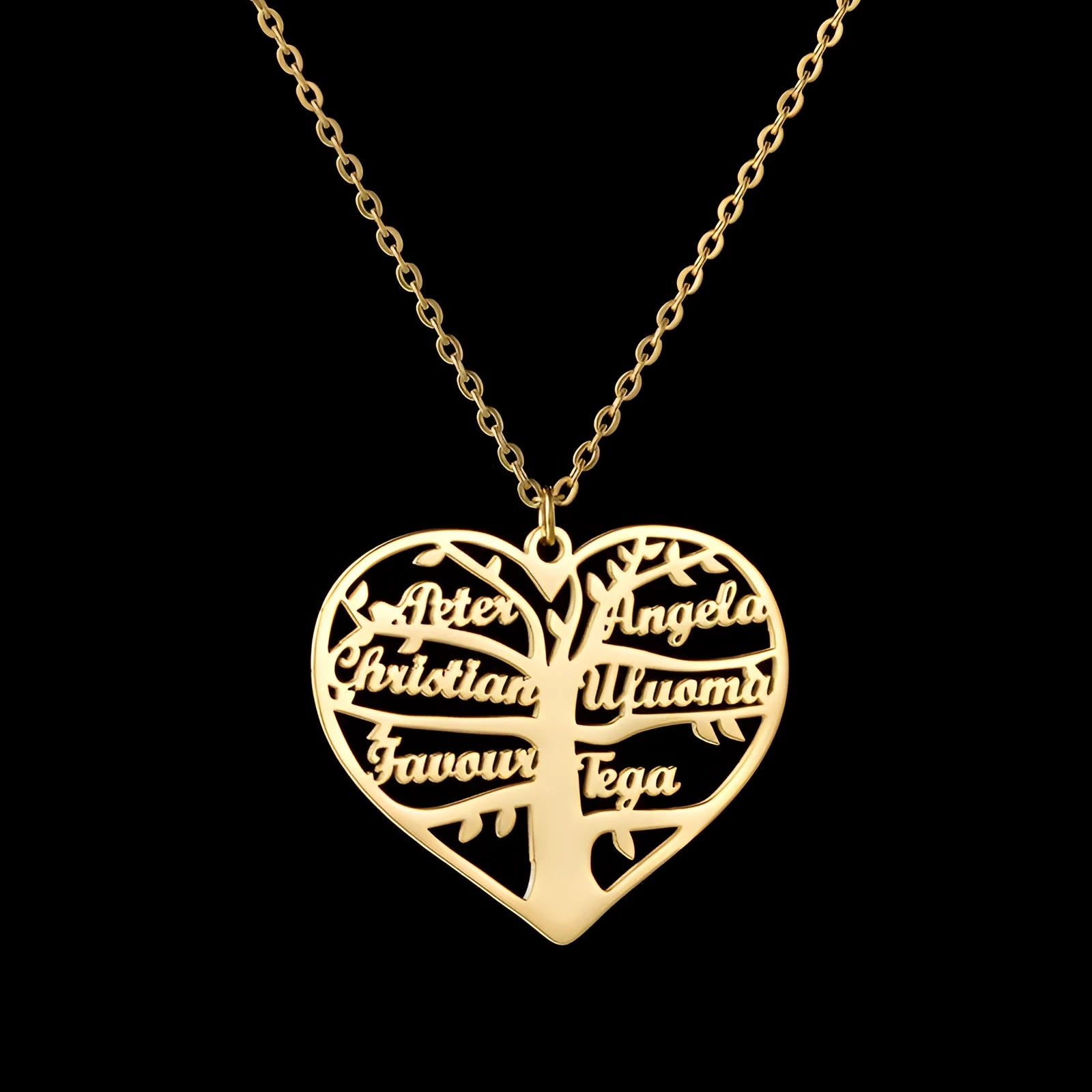 Personalised stainless steel necklace with a custom name pendant shaped as a tree inside a hollow heart on an adjustable chain.