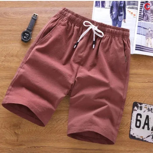 Men's thin cotton summer shorts in capri length with lace-up front, shown in multiple colours.