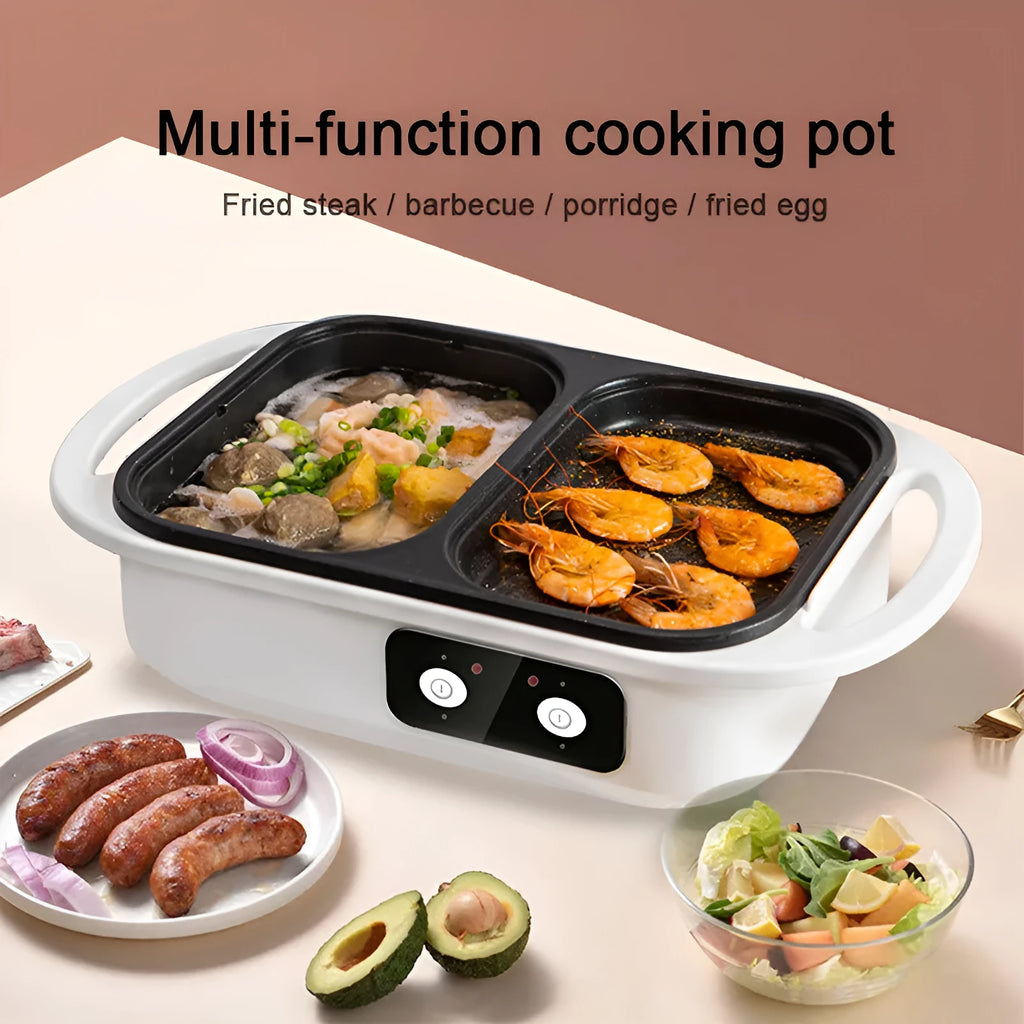 Green and white dual-use electric hot pot and frying oven appliance on a kitchen counter.
